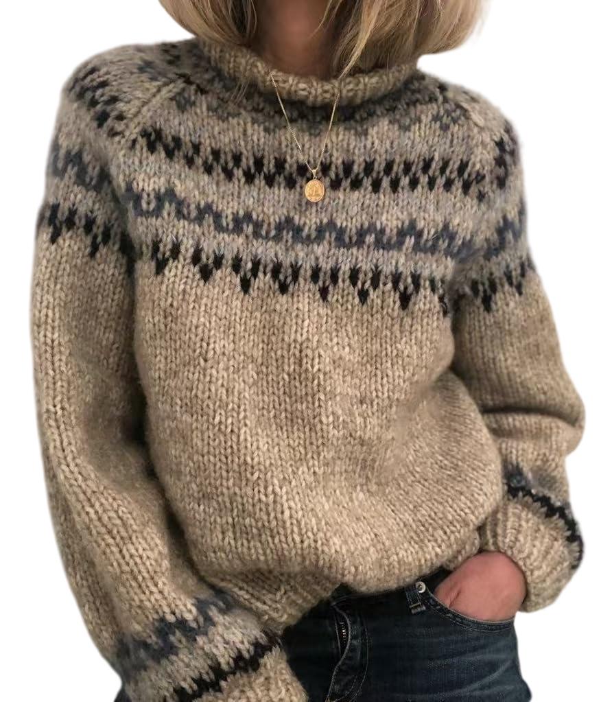 Women's 2026 Retro Color Block Knitwear: Long Sleeve, Comfortable, Versatile Round Neck Sweater