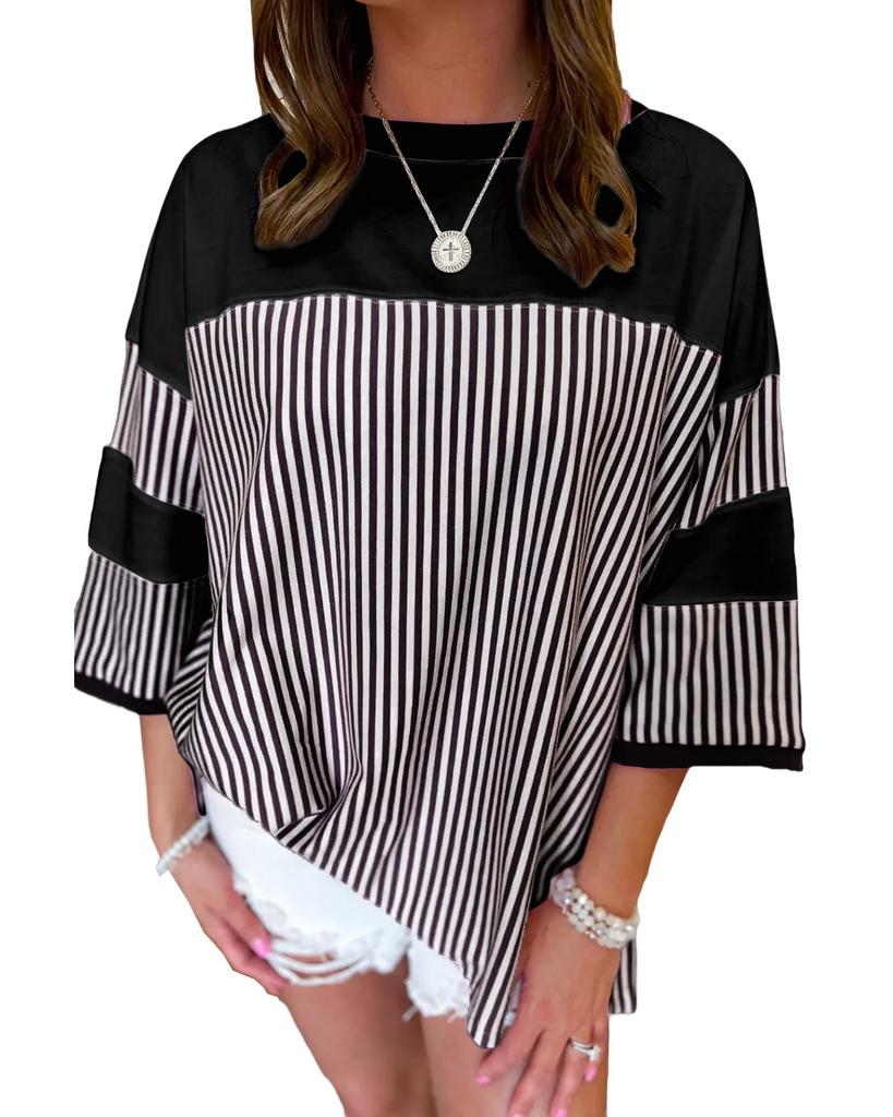 Azura Exchange Black White Striped Patchwork 3/4 Sleeve Oversize Top