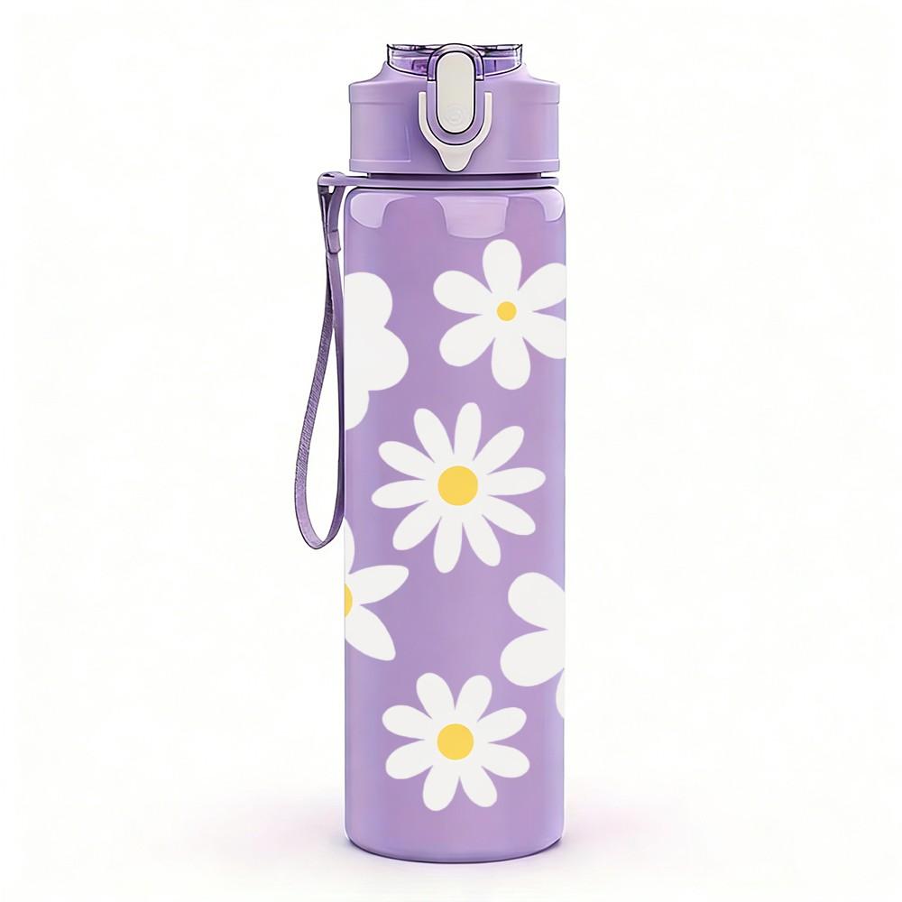 1PC White Daisy Flower Simple Floral Pattern 750ml Color Plastic Sports Water Bottle Leakproof Flip Straw Lid Suitable for Sports Office Home Use