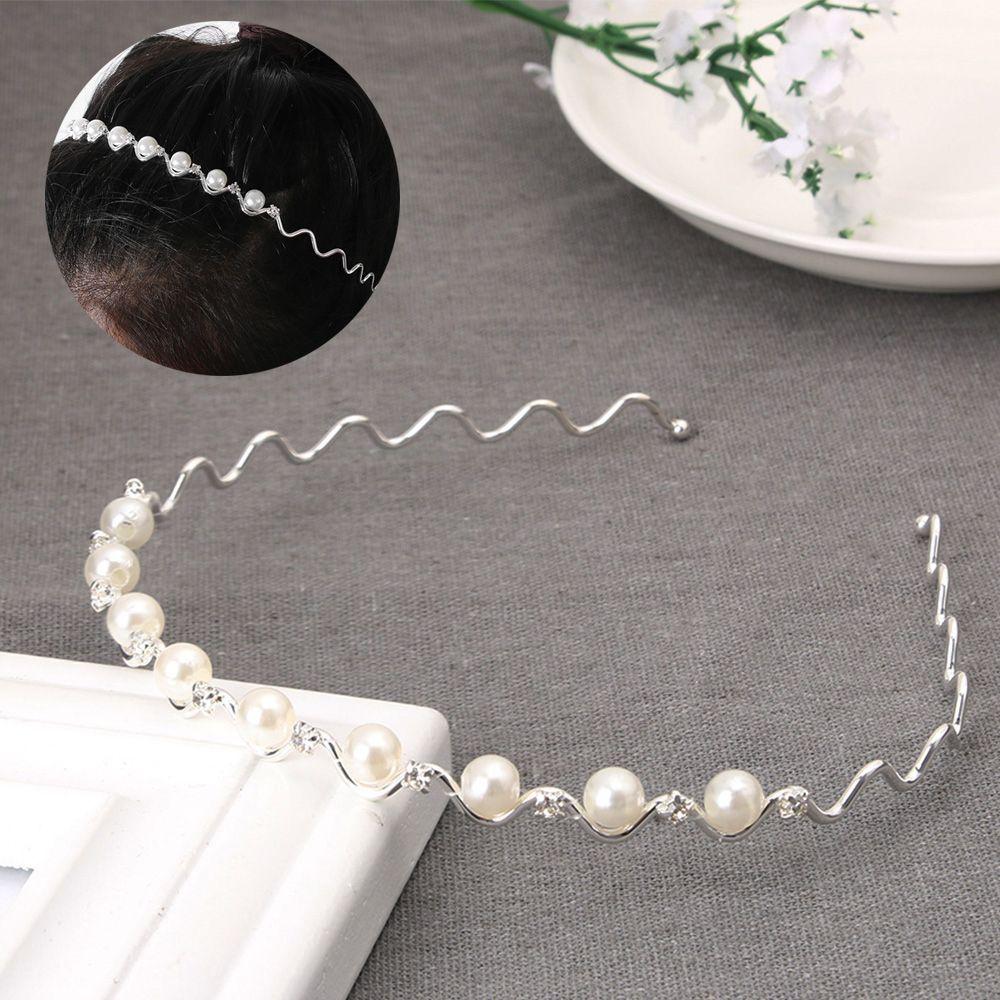 Jewelry Head Chain Rhinestone for Women Headwear Pearl Crystal Wave Hairband Black Silver Metal