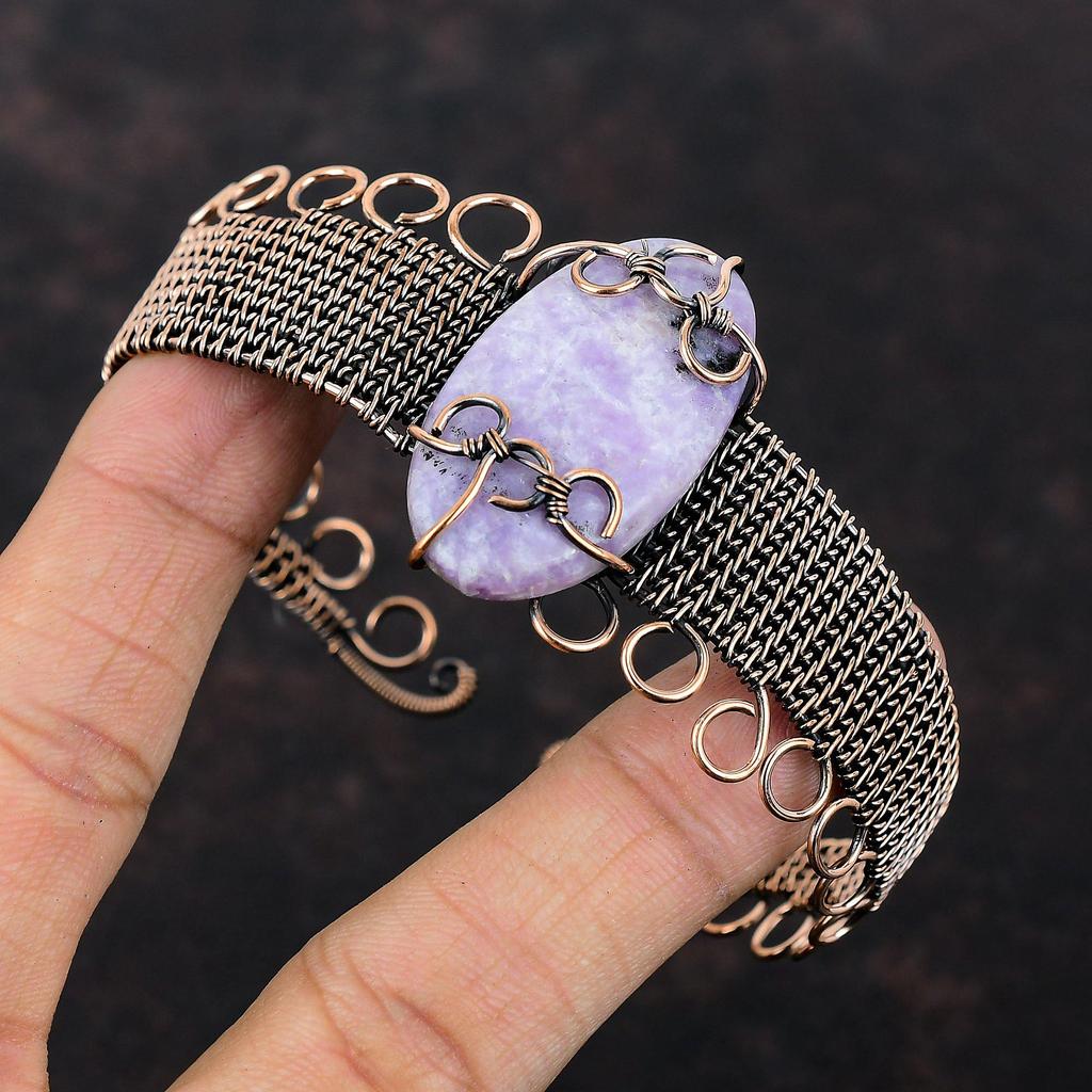Браслет из лепидолита, обмотанный медной проволокой, регулируемый браслет-манжета, браслет из натурального драгоценного камня, украшение с медной проволочной обмоткой, браслет ручной работы, подарок для него
