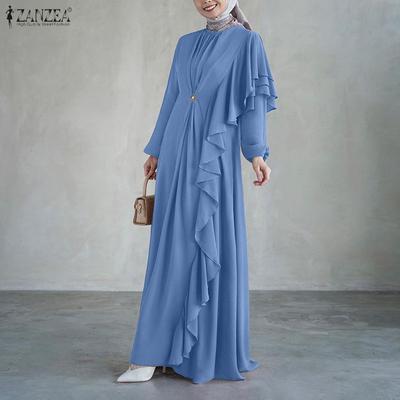 Женское повседневное платье с круглым вырезом, длинными рукавами, свободного кроя, с оборками, вставками, длинное