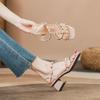 2024 Women Sandals Mid Heel Summer Rivet Fashion Women Shoes Outdoor Casual Thick Heel One Line Buckle High Heel Shoes