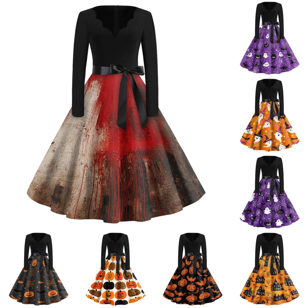 Women Casual Halloween Print V Neck Vintage Dress Long Sleeve Fit Flared Waist Tie Retro Style Swing Skirt Dress