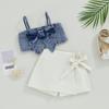 Детский летний комплект из двух предметов для девочек, 1 год, 2 года, 3 года, 4 года, 5 лет, 6 лет, однотонный джинсовый топ без рукавов с бантом и эластичная повседневная юбка, шорты, комплект