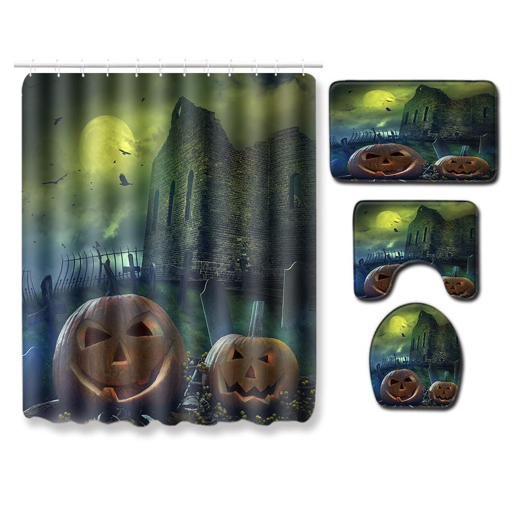 Halloween Shower Curtain Floor Mat Combination Four-Piece Household Door Mat Bedroom Non-Slip Carpet