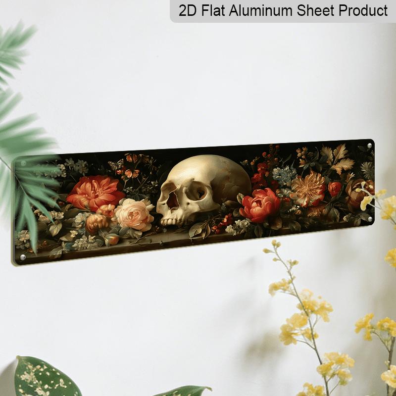 2D Flat, 1pc, Classic Skull Encircled By Flowers Aluminium Decorative Sign for Death'S Embrace Wall Decoration in Home, Bedroom, Dining Area, Study