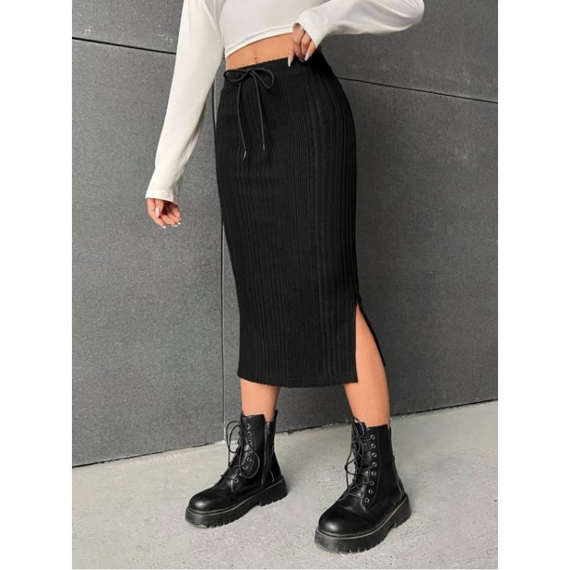 Осенне-зимняя повседневная шерстяная юбка с высокой талией и разрезом на завязках, женская
