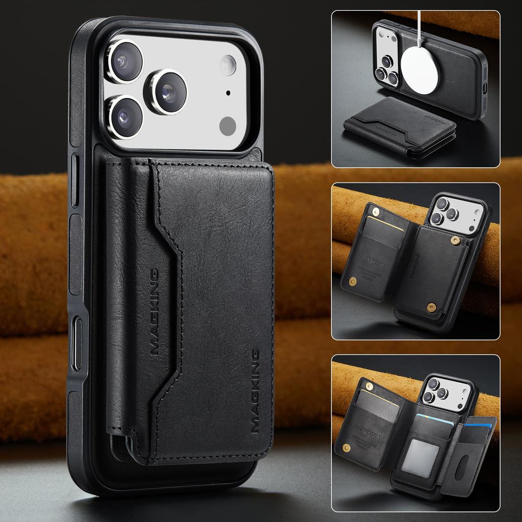 Magnetic Attraction Leather Case for iPhone 17 Pro Max 16E Air 16 15 Plus 14 Pro 13 12 Detachable Card Bag Holder Phone Cover