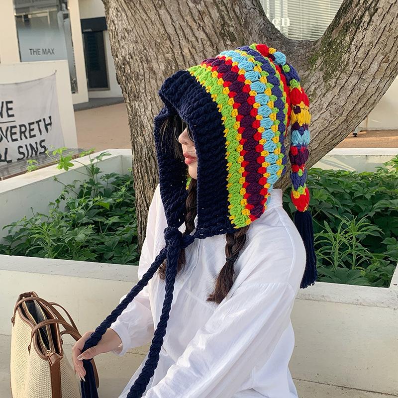 Шапка ручной работы из шерсти в этническом стиле, защитные наушники, радужная вязаная шапка, подборка фотографий из путешествий, креативная и забавная шляпа ведьмы