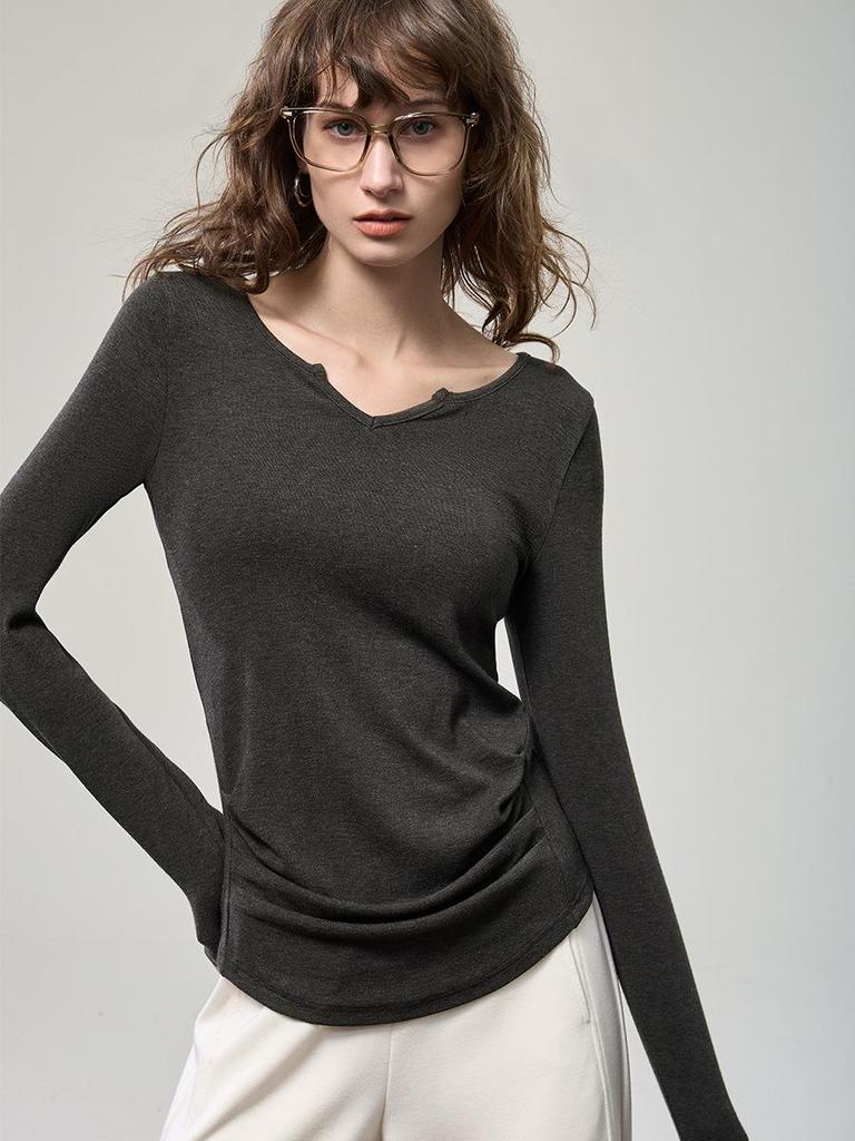 Вязаный топ с V-образным вырезом и длинным рукавом на осень 2025 для женщин - Облегающий, универсальный и стильный
