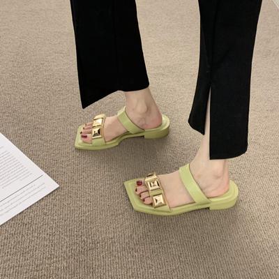 Женские тапочки с квадратной головкой, женские сандалии на плоской подошве с заклепками, пляжная обувь, повседневные сандалии с открытым носком, женские шлепанцы Muje 2024, новинка
