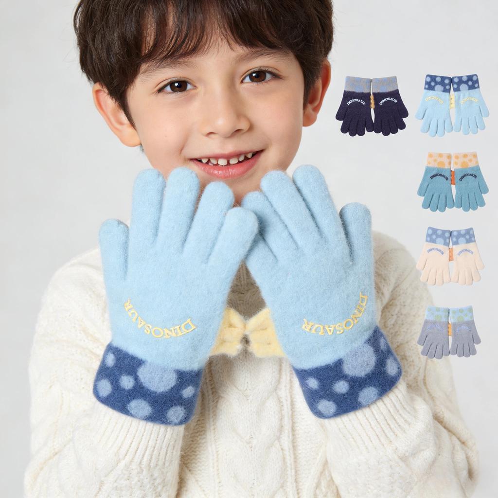 4-8 Years Old Kids Cute Dinosaur Embroidery Winter Fall Thermal Full Finger Knitted Warm Gloves