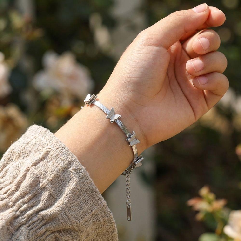 Butterfly Charm Snake Chain Bracelet Stainless Steel Animal Charm Bracelet Daily Wear
