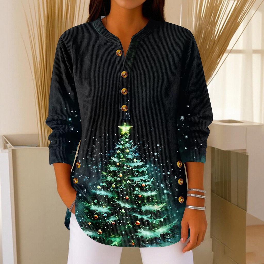 Women's Fashionable Button Collar Long-sleeved Christmas Print Pullover Top