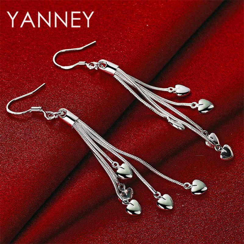 Exquisite 925 Sterling Silver Tassel Heart-Shaped Pendant Earrings for Women, Fashionable Wedding Jewelry Gift Accessories