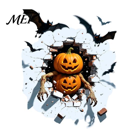 Realistic Crack Effect Wall Decor Halloween Sticker, Pumpkin/Zombie/Werewolf/Clown Print, Waterproof PVC Self-Adhesive Decals, Self Adhesive