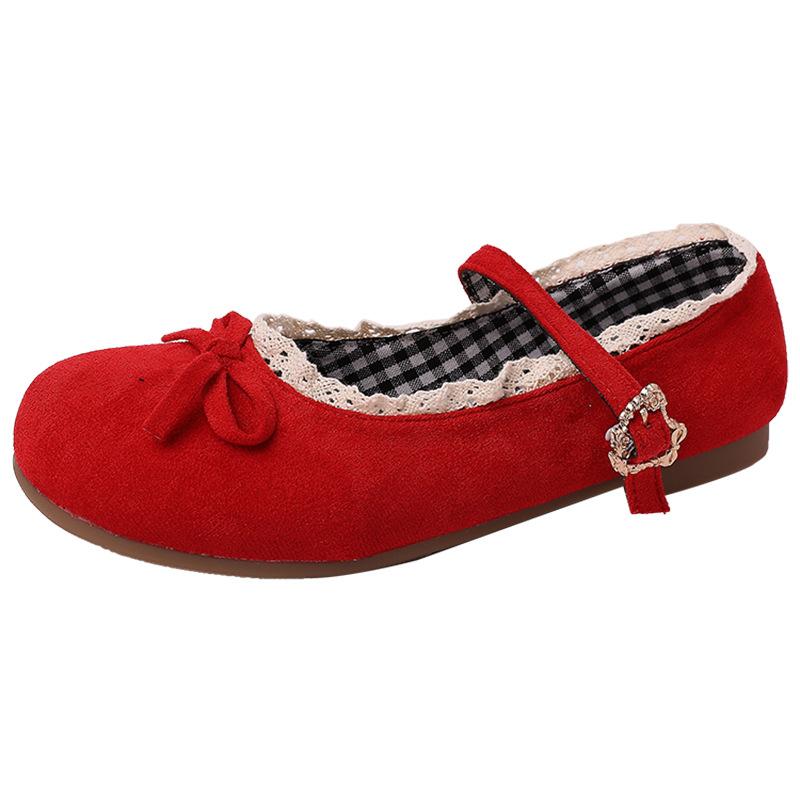 Fashion Retro Gentle Bow Mary Jane Single Shoes Women's 2025 Summer New One-word Buckle Lace Ballet Shoes