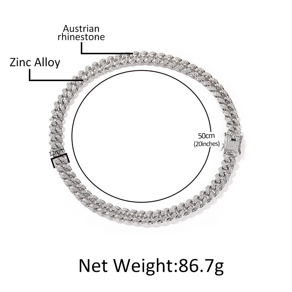 Hip Hop 12mm Alloy Diamond-encrusted Men's Cuban Necklace Street Niche Versatile Jewelry