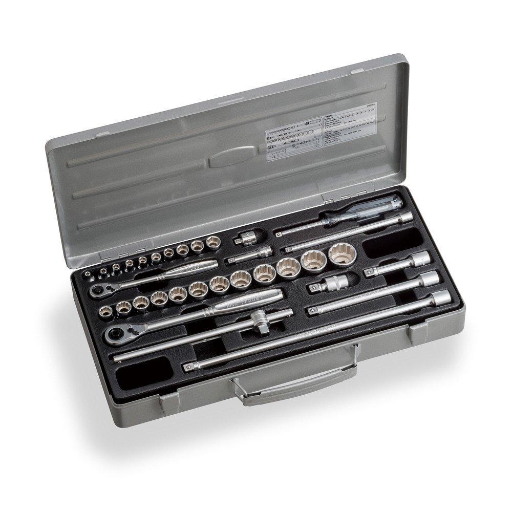 TONE 230MX Mixed Socket Wrench 33 Pieces Set, 6.35mm & 9.5mm (1/4" & 3/8") Drive, Silver,