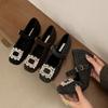 2025 Autumn and Winter New Round Head Rhinestone Buckle Inner Slope Heel Velvet Warm Word with Mary Jane Women's Shoes