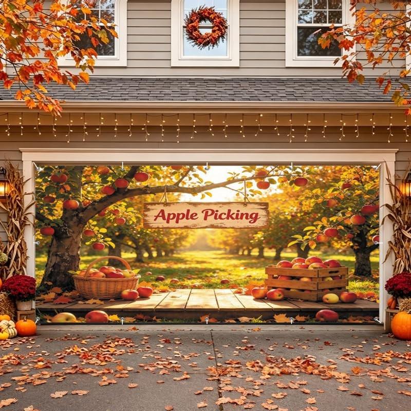 XMJJKUF Garage Door Banner 16x7ft Fall Apple Picking Orchard Backdrop