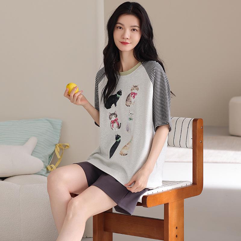 Pajamas Women's Summer Cotton Short Sleeve Shorts Fashion Stripes Slack Women's Casual Thin Loungewear