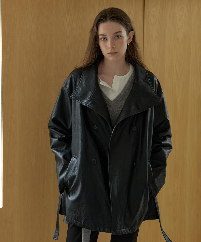 AMONG A High Neck Faux Leather Coat_Black