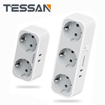 Tessan USB-адаптер европейского стандарта с 2/3 розетками переменного тока и 2 USB-портами для зарядки, с множеством средств защиты, для смартфонов, планшетов, MP3