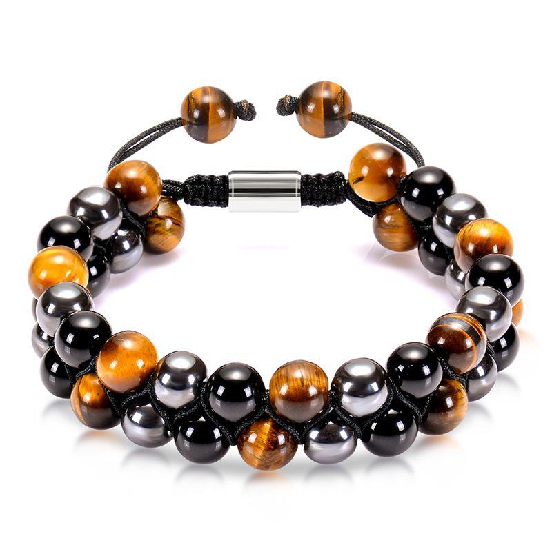 Men's Double-Layer Blue Tiger Eye & Black Agate Magnet Bracelet