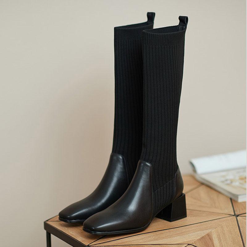 Сапоги-носки женские 2024 весна колено высокие вязаные теплые высокие сапоги на высоком каблуке плетеные повседневные дизайнерские толстые длинные мотоциклетные ботинки