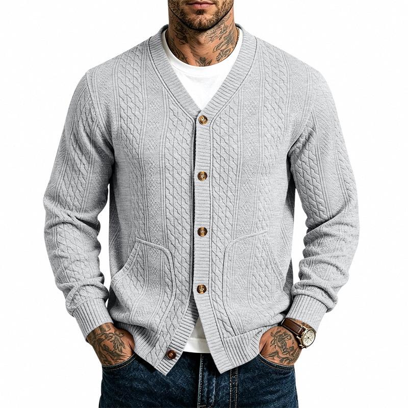 V Neck Long Sleeve Buttoned Jacquard Solid Color Casual Vintage Cardigan Sweatshirt