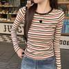 Осень Зима Футболка с круглым вырезом, винтажным принтом в полоску, женская, с длинным рукавом, на все случаи жизни, облегающая, пуловер, топ
