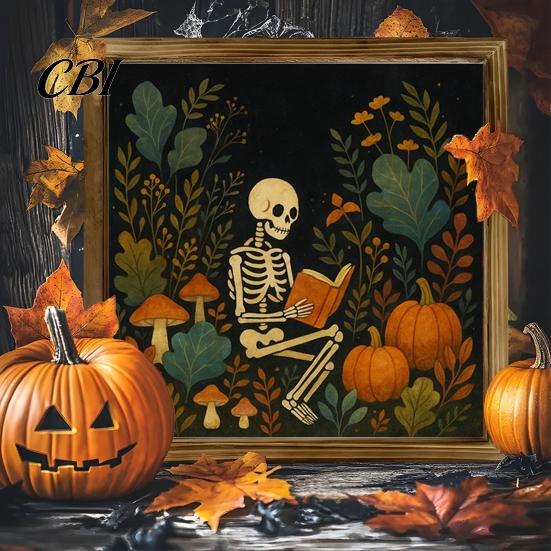 Solid Wood Desktop Decorations Halloween Ghost/Witch/Skeleton Decorative Painting, Wall Mount Square Frame Wooden Framed Paintings Picture for