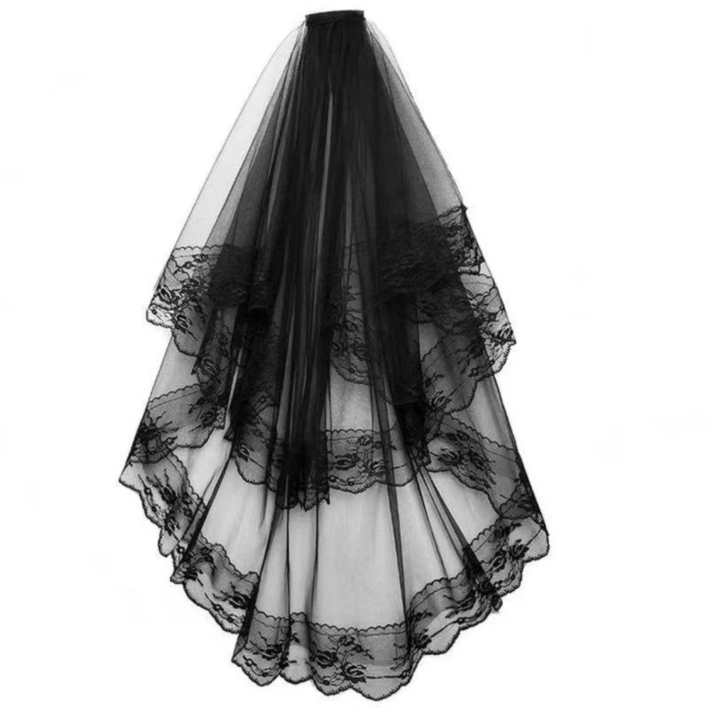 Two-Tier Lace Veil Black Head Veil Classic Gothic Veil For Halloween Cosplay