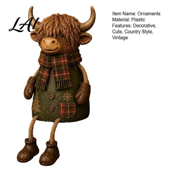 Decorative Figurine for Mantle Christmas Highland Cow Figurine Cute Ornament with Retro Plaid Clothing Farmhouse Holiday Tabletop Shelf And