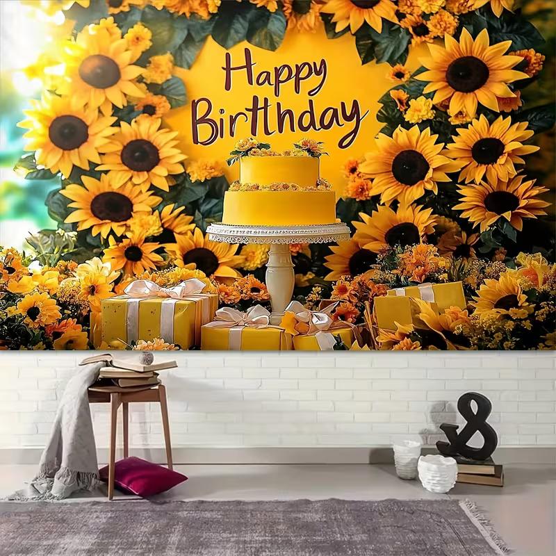 2D Flat Printing Party Backdrop Cheerful Sunflower Birthday Scene with Greenery