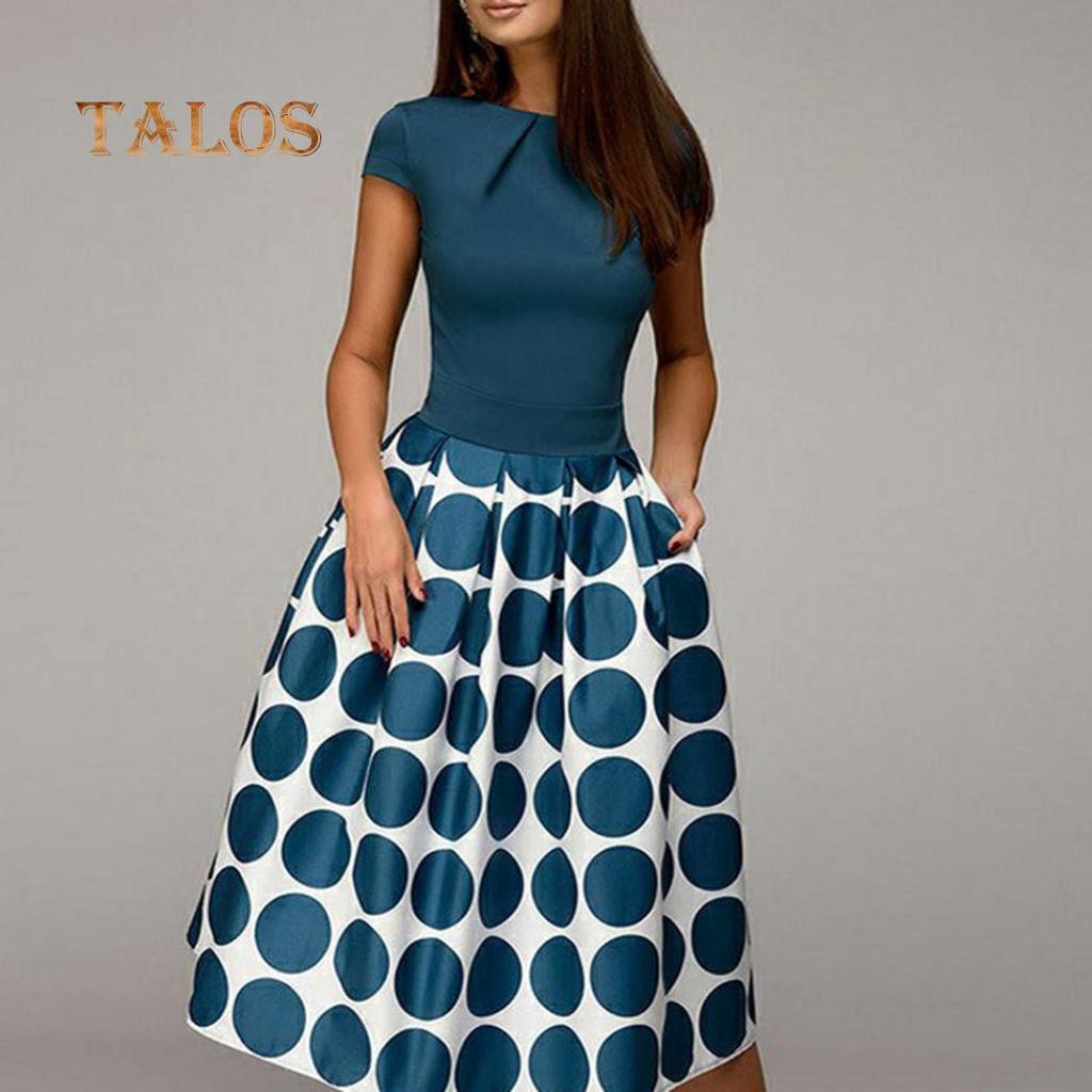 TALOS Женское свободное платье миди в горошек с короткими рукавами и круглым вырезом в стиле пэчворк