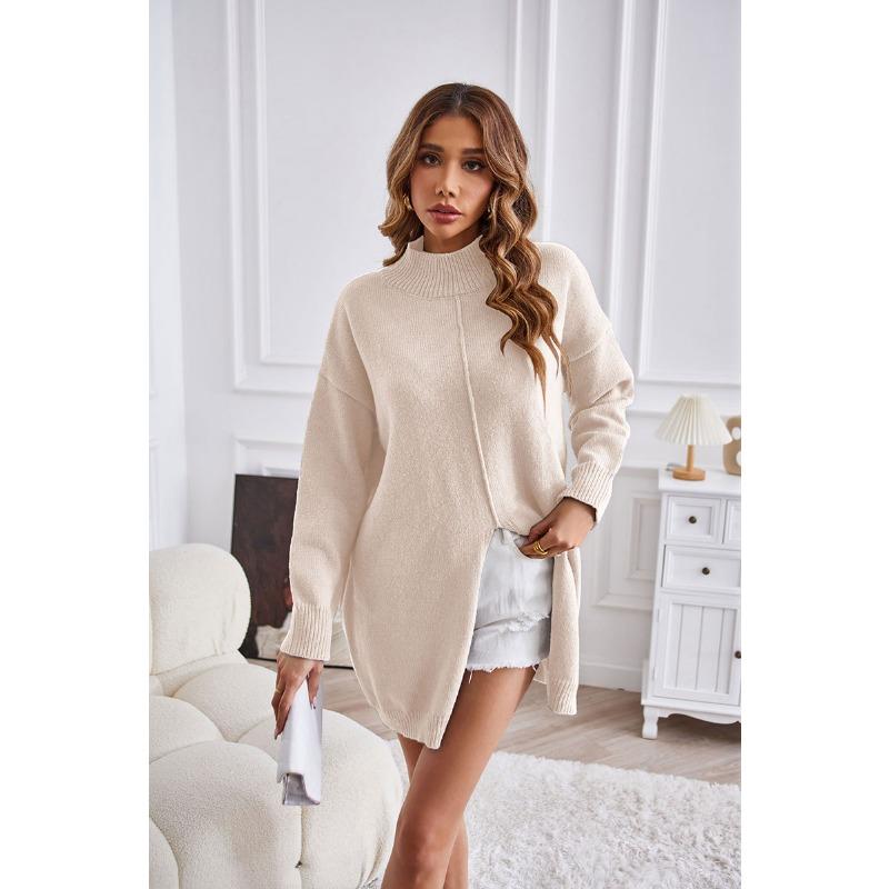 Зимний женский свитер, однотонный пуловер с высокой горловиной, вязаный свитер, модный свитер средней длины с разрезом