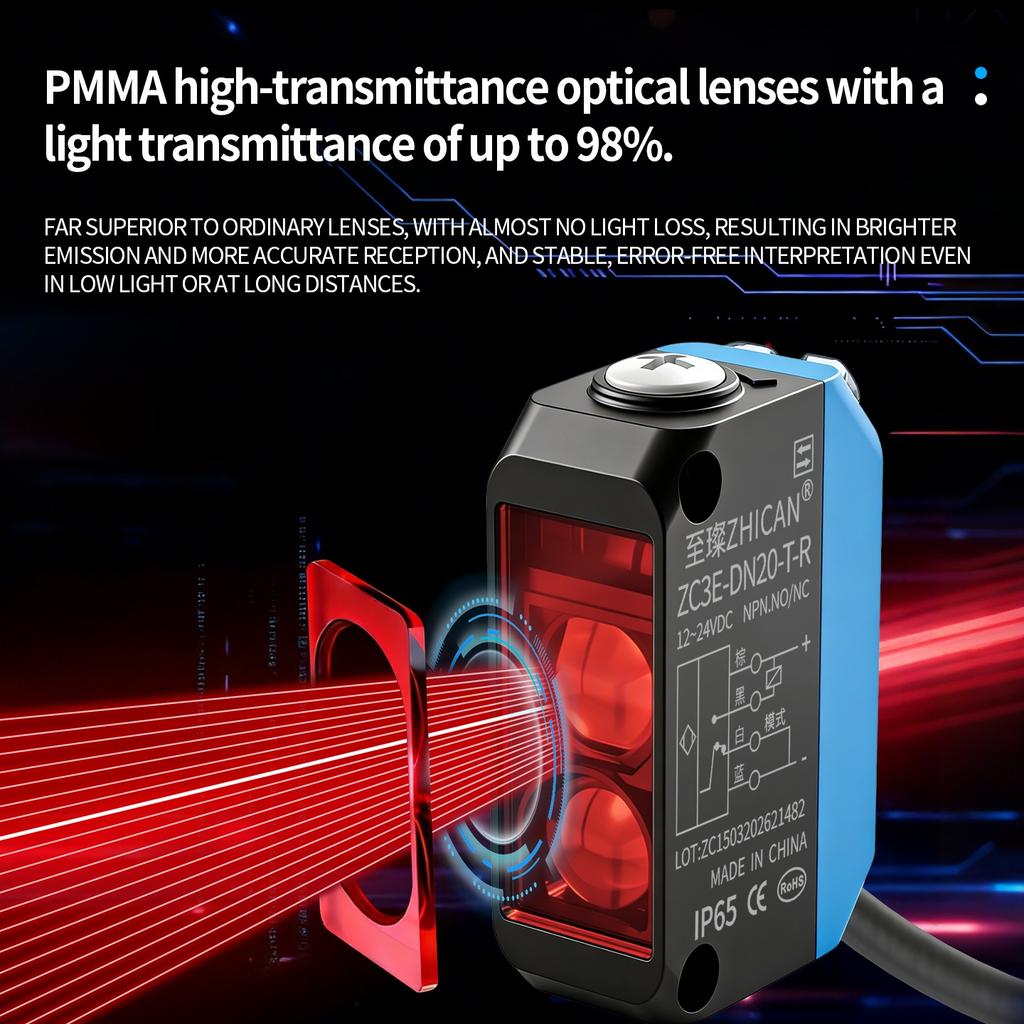 ZHICAN ZC3E Long Range Photoelectric Sensor 2m Diffuse Reflective Switch NPN NO 24V DC Object Detection