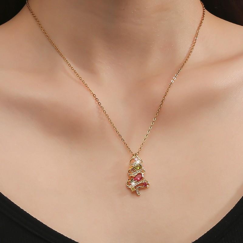 Full Rhinestone Christmas Tree Snowflake Pendant Necklace For Women Exquisite Zircon Star Sweater Collarbone Chain Jewelry