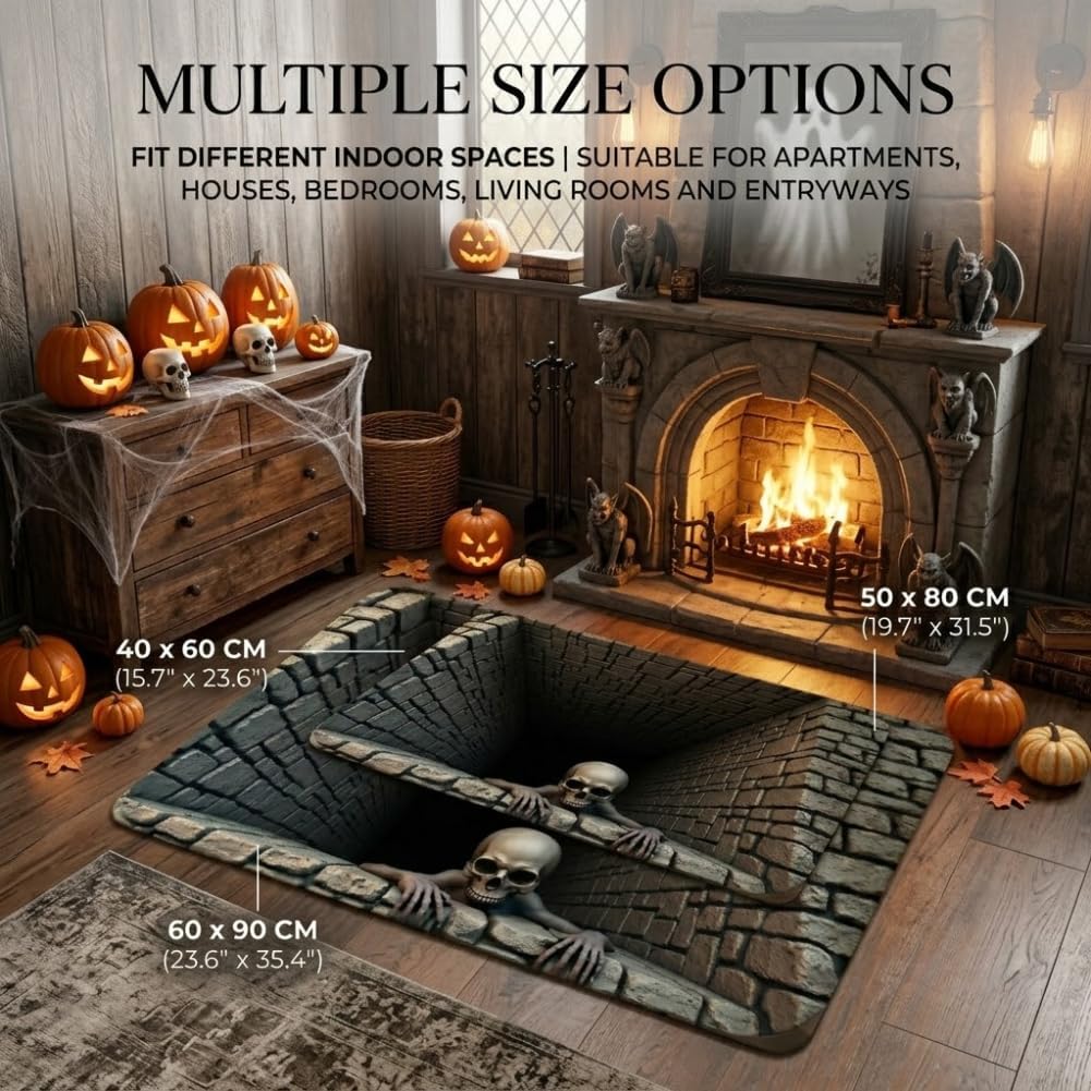 Halloween 3D Rug Spooky Skeleton Illusion Floor Mat For Home Decor Non-Slip Floor Skeleton Mat For Bedrooms Living Rooms Entryways And Parties