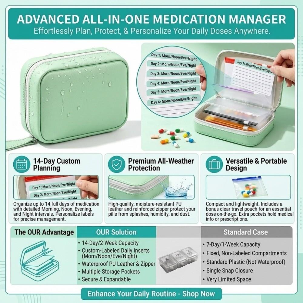 with14 Zippered Pouches Weekly Pill Organizer BPA-Free Medicine Box Bag Daily Travel