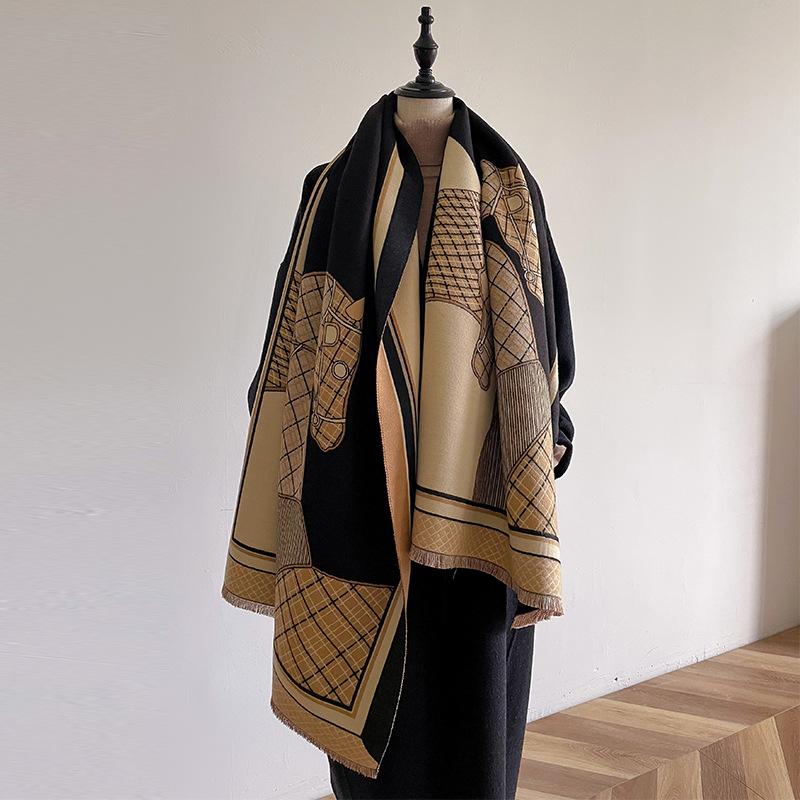 Vibrant Orange British Style Horse Pattern Scarf - Soft, Thick, Warm, and Oversized Wrap for Women - Perfect Winter Accessory