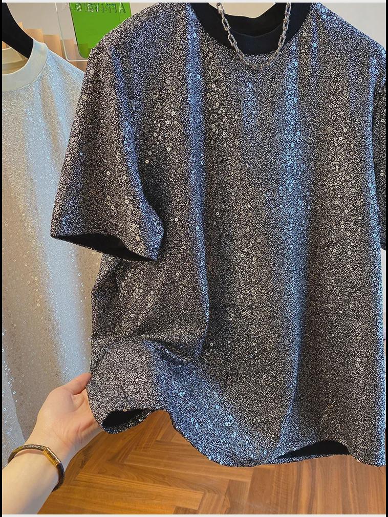 2024 Мужская шикарная шелковая футболка с пайетками - Европейский свободный крой с коротким рукавом