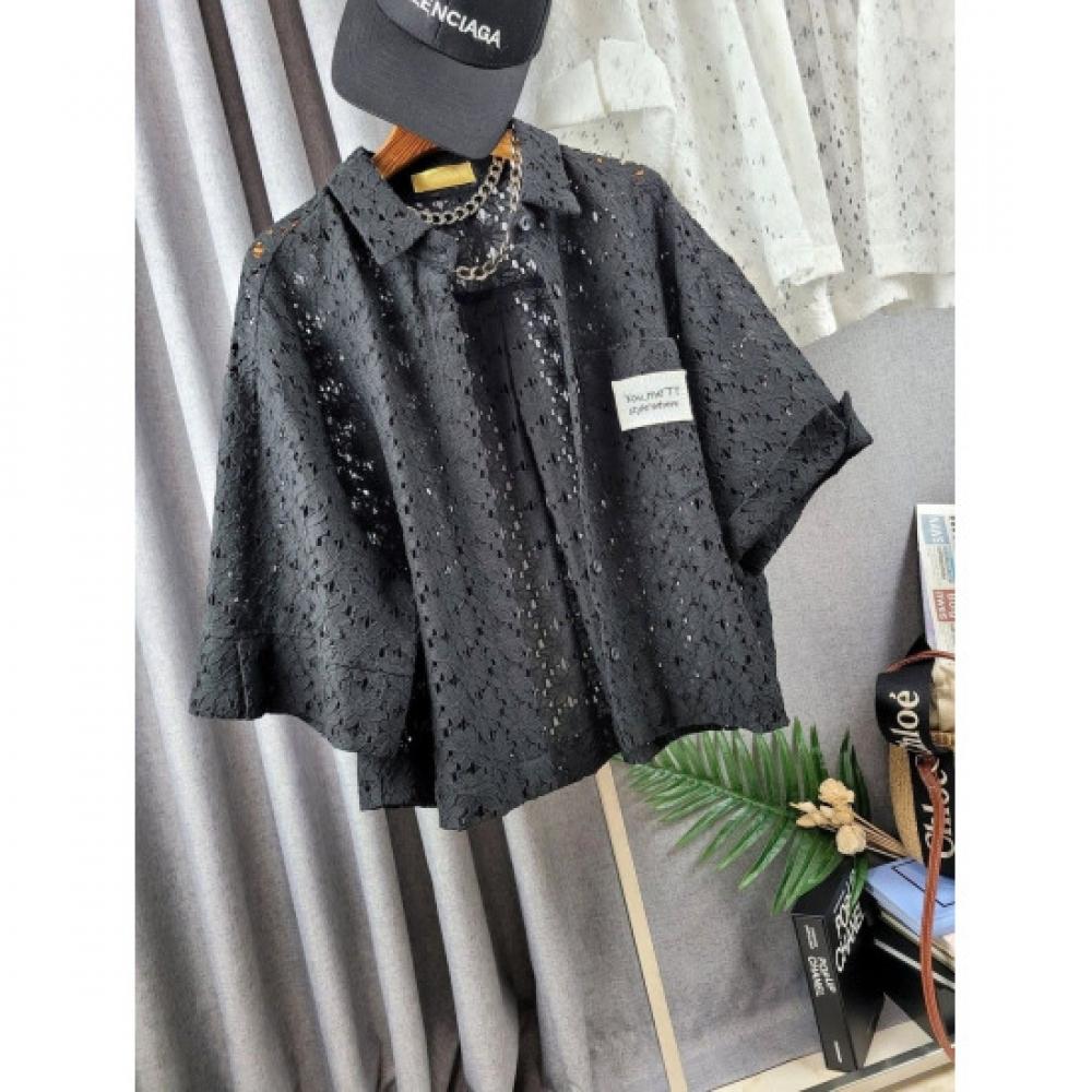 C S In The Room Mear laCe punChIng patCh Split 7 Sleeve Shirt blaCk Label 2Color
