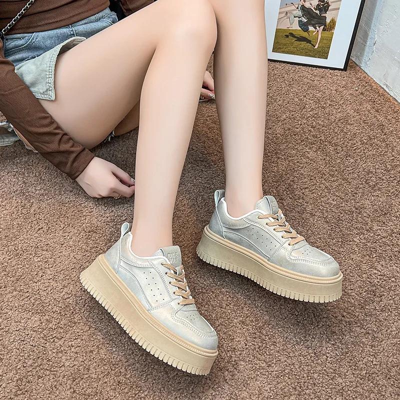 2024 Лидер продаж, белые кроссовки на платформе, маленькие белые туфли, дышащие, с круглым носком, на шнуровке, кроссовки Bread Daddy
