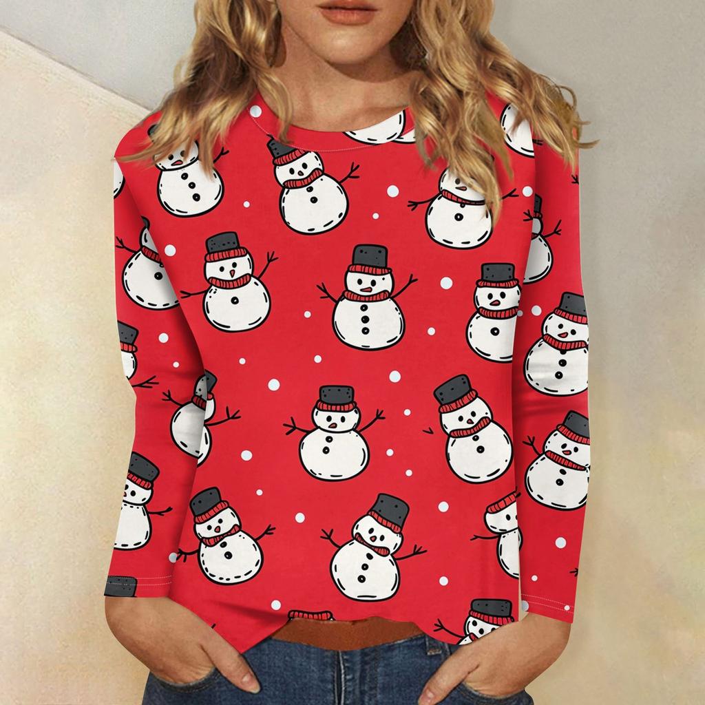 Рубашки с длинным рукавом для женщин Милые принты Футболки Блузки Повседневные Большие размеры Базовые топы Пуловеры Рождественские