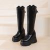 Fashion 11CM Microfiber Genuine Leather Platform Wedges Knee High Boots Woman Plush Modern Hidden Heel Winter Autumn Shoes Plush