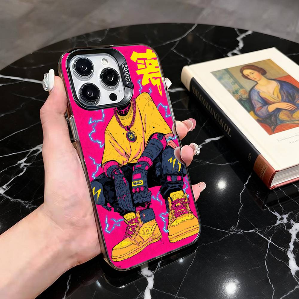 Hip-hop Comic Character Sticker Phone Case For iPhone 17,16,15,14,13,12,11 Plus,Pro Max,XS,Colored Silver Plated Inside Cover